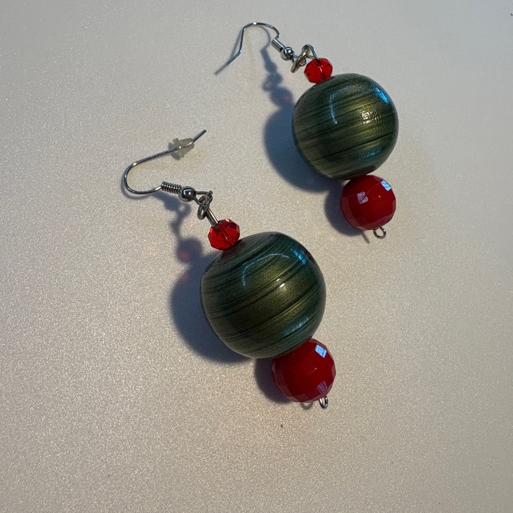 Elegant Handmade Green and Red Beaded Earrings